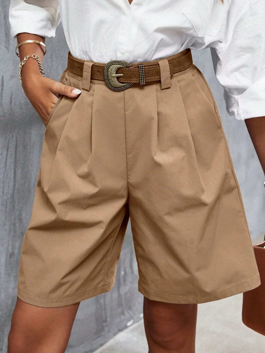 Frenchy Solid Slant Pocket Fold Pleated Detail Shorts Without Belt