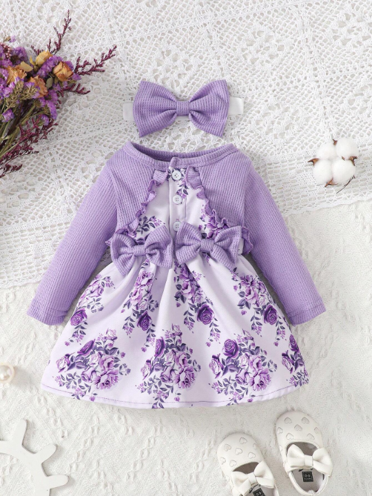 Baby Girl Floral Print Bow Front Frill Trim Dress & Headband