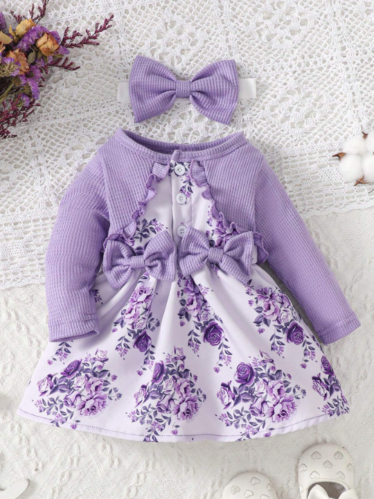 Baby Girl Floral Print Bow Front Frill Trim Dress & Headband