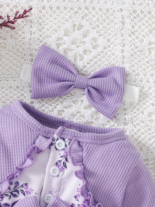 Baby Girl Floral Print Bow Front Frill Trim Dress & Headband