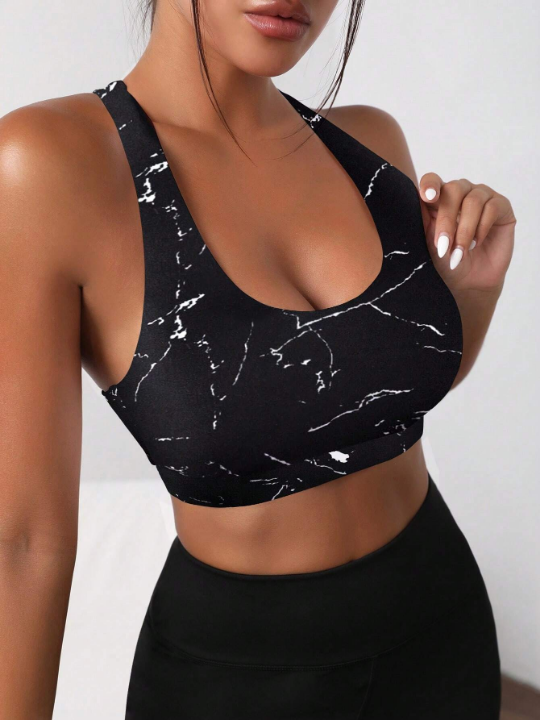 Yoga Trendy Marble Print Cut Out Back Sports Bra