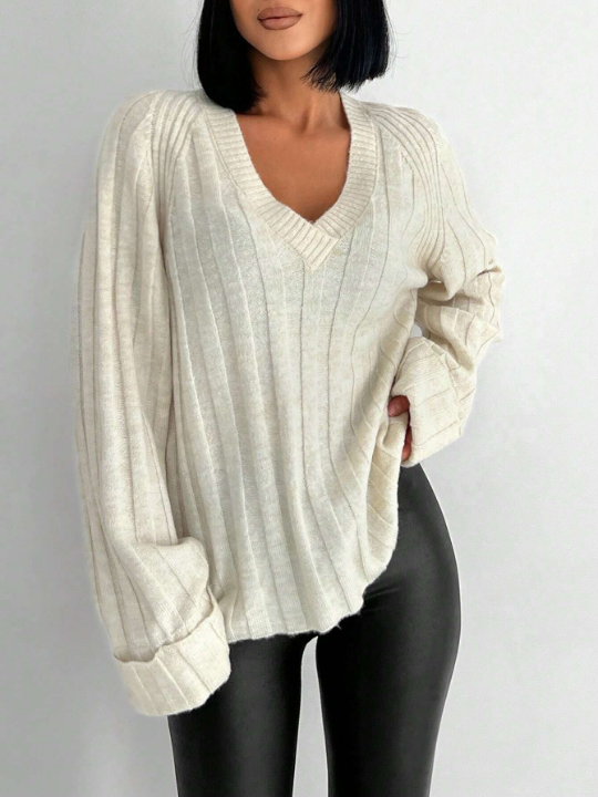 Solid Raglan Sleeve V Neck Ribbed Knit Sweater