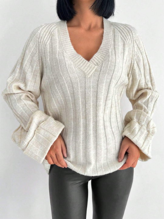 Solid Raglan Sleeve V Neck Ribbed Knit Sweater