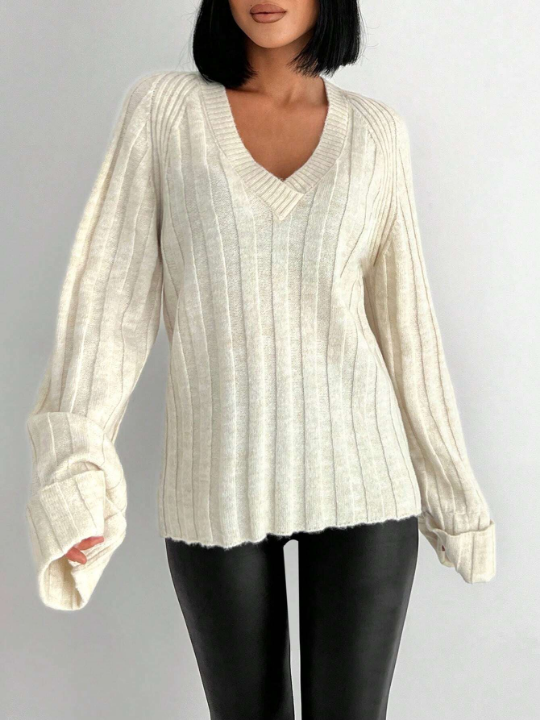 Solid Raglan Sleeve V Neck Ribbed Knit Sweater