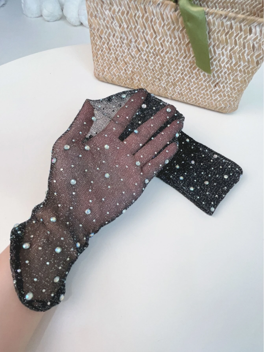 1 Pair Women's Sun Protection Arm Sleeves, Shiny Rhinestone Ice And Gold/silver Thread, Thin Lace Sheer Sleeve Cover