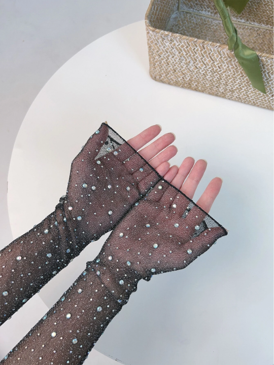 1 Pair Women's Sun Protection Arm Sleeves, Shiny Rhinestone Ice And Gold/silver Thread, Thin Lace Sheer Sleeve Cover