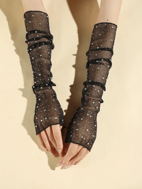 1 Pair Women's Black Arm Sleeves With Sparkling Rhinestones, Silver & Gold Foil Threads & Anti-Uv, Sheer Lace & Mesh Material