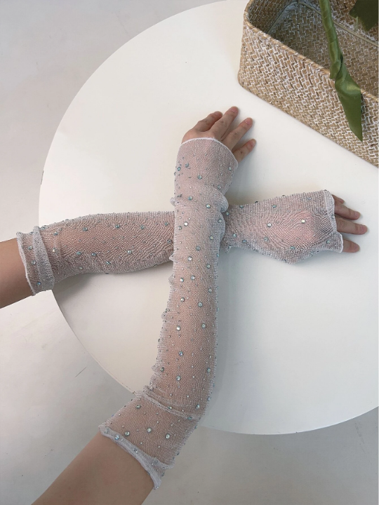 1 Pair Women's Silver Rhinestone & Gold Silver Wire Arm Sleeves With Sun Protection And Lace Detail, Shiny Sheer Mesh Fabric