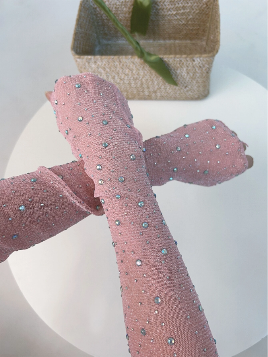 1 Pair Ladies' Pink Rhinestone Decor Shiny Silver/Gold Silk Anti-Uv Arm Sleeves, Shiny Net Yarn Lace Thin Sleevelets