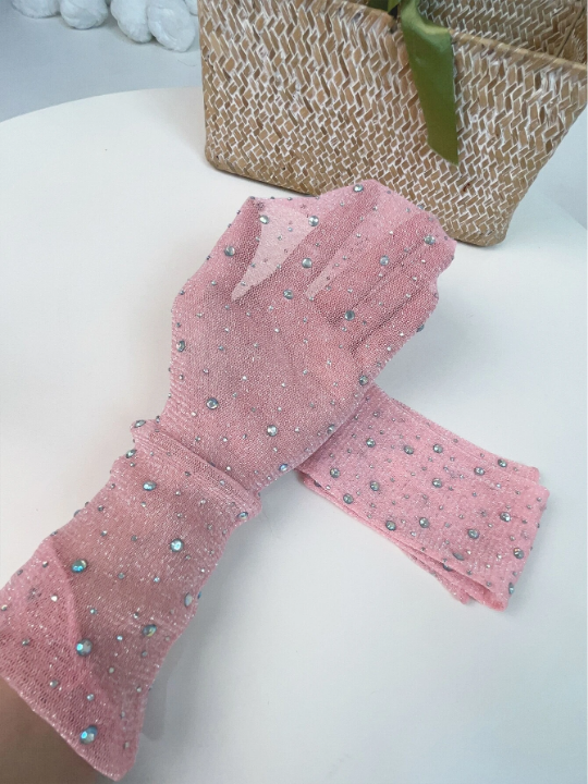 1 Pair Women's Pink Sparkling Diamond Iced Silk Arm Sleeve With Gold & Silver Thread, Shine Mesh Lace Sun Protection Arm Cover