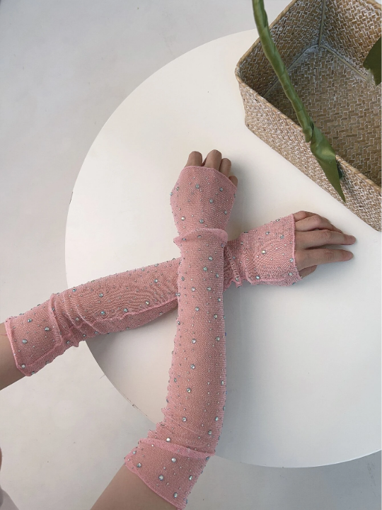 1 Pair Ladies' Pink Rhinestone Decor Shiny Silver/Gold Silk Anti-Uv Arm Sleeves, Shiny Net Yarn Lace Thin Sleevelets