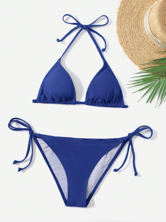 Solid Triangle Tie Side Bikini Swimsuit