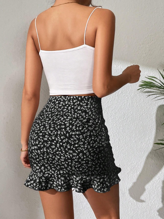 PETITE Ditsy Floral Drawstring Ruffle Hem Bodycon Skirt