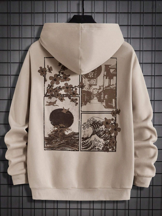 Manfinity Homme Men Japanese Letter & Wave Print Thermal Lined Hoodie