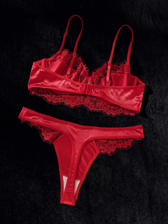 Eyelash Lace Panel Underwire Lingerie Set