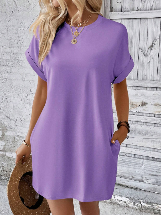 LUNE Solid Hidden Pocket Batwing Sleeve Tee Dress