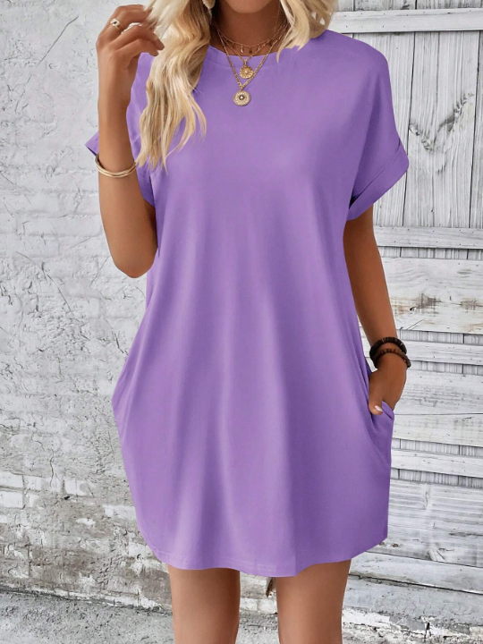 LUNE Solid Hidden Pocket Batwing Sleeve Tee Dress