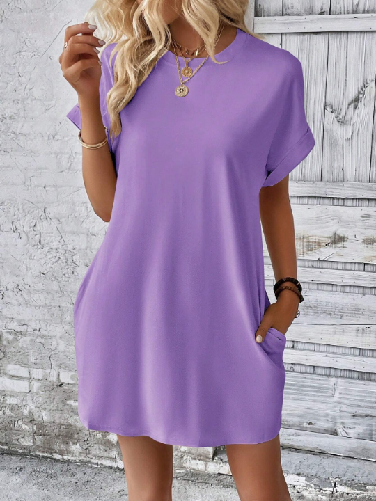 LUNE Solid Hidden Pocket Batwing Sleeve Tee Dress