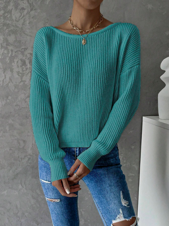 Frenchy Twist Backless Drop Shoulder Ribbed Knit Sweater