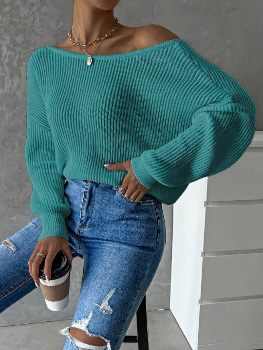 Frenchy Twist Backless Drop Shoulder Ribbed Knit Sweater