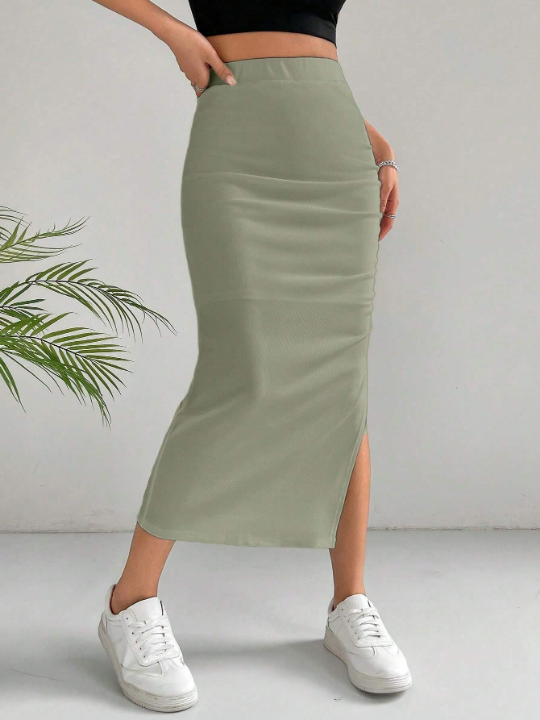 EZwear Solid Split Thigh Skirt