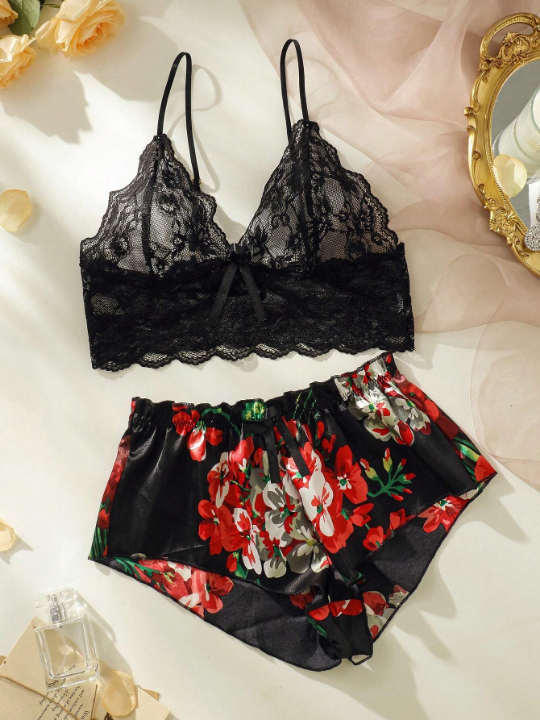 Floral Lace Bralette With Floral Print Shorts