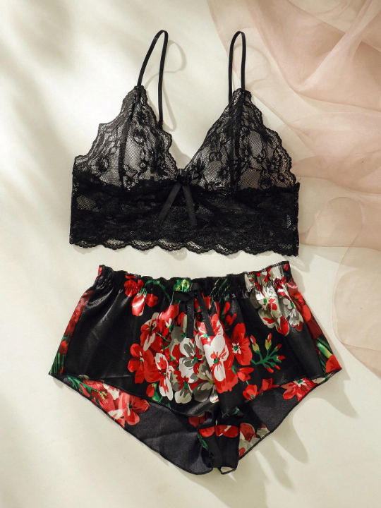 Floral Lace Bralette With Floral Print Shorts
