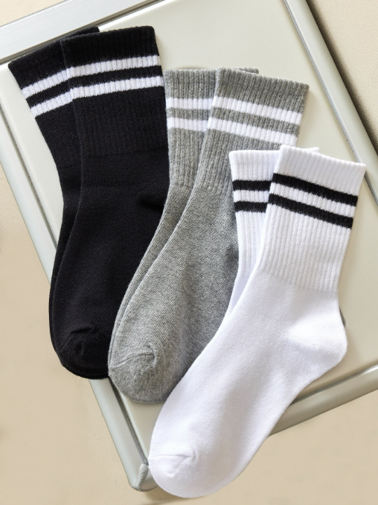 3 pairs of men's mid-tube socks, black, white and gray, 3-color stripes, deodorant, sweat-absorbing, casual round-neck socks, suitable for daily life