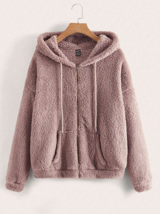 LUNE Zip Up Drop Shoulder Drawstring Hooded Teddy Jacket