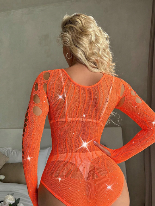 Classic Sexy Cut Out Rhinestone Studded Fishnet Teddy Bodysuit Without Liner