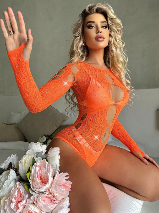 Classic Sexy Cut Out Rhinestone Studded Fishnet Teddy Bodysuit Without Liner
