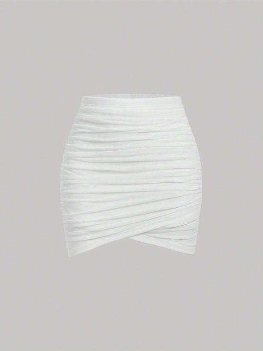 MOD Solid Ruched Wrap Hem Bodycon White Summer Skirt