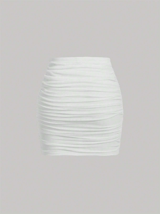 MOD Solid Ruched Wrap Hem Bodycon White Summer Skirt