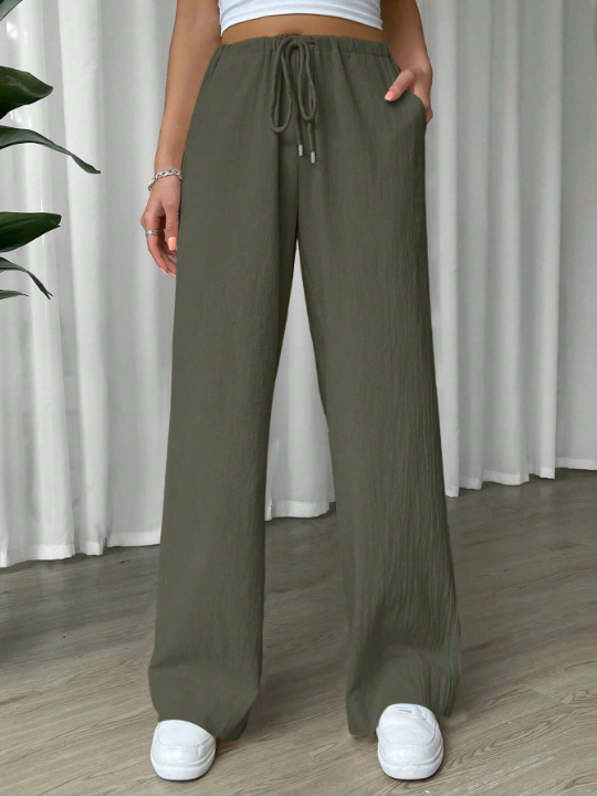 EZwear Linen Drawstring Waist Slant Pocket Wide Leg Pants