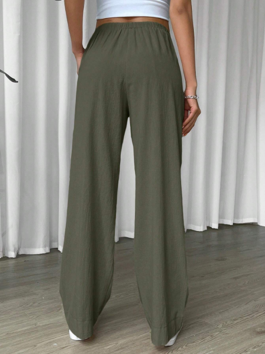 EZwear Linen Drawstring Waist Slant Pocket Wide Leg Pants