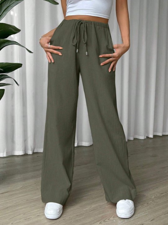 EZwear Linen Drawstring Waist Slant Pocket Wide Leg Pants