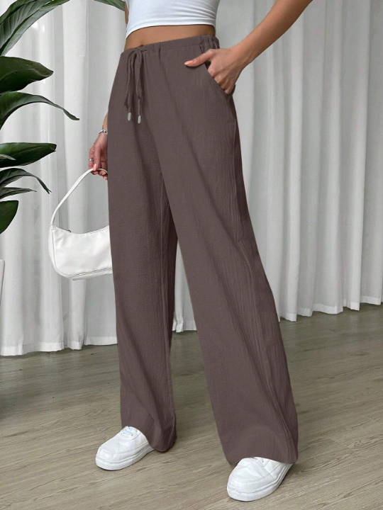 EZwear Linen Drawstring Waist Slant Pocket Wide Leg Pants