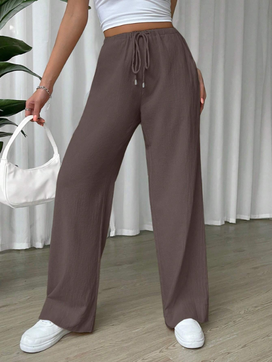 EZwear Linen Drawstring Waist Slant Pocket Wide Leg Pants