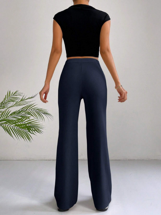 EZwear SpringSolid High Waist Flare Leg Pants