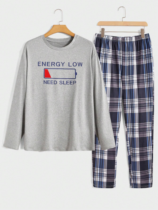 Men Slogan Graphic Tee & Plaid Pants PJ Set