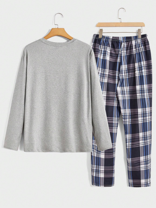 Men Slogan Graphic Tee & Plaid Pants PJ Set