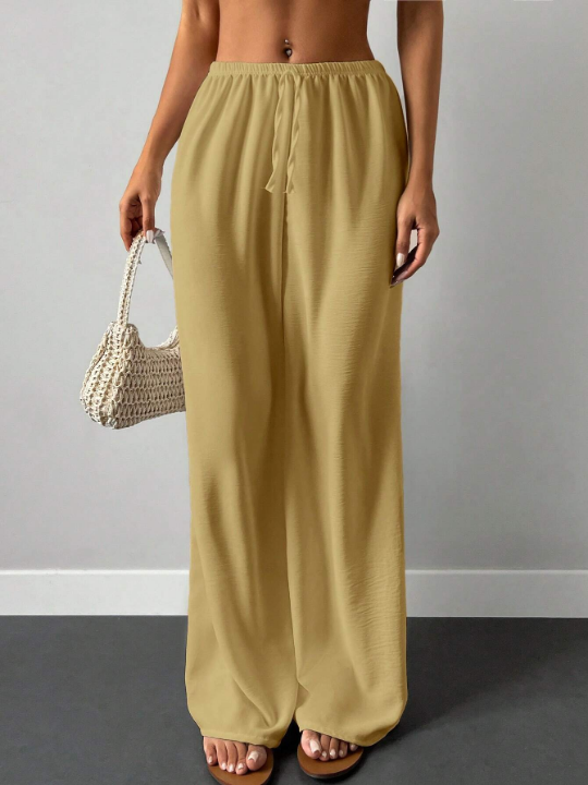 Cottnline Solid Drawstring Waist Wide Leg Pants