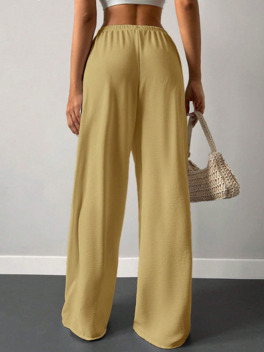 Cottnline Solid Drawstring Waist Wide Leg Pants