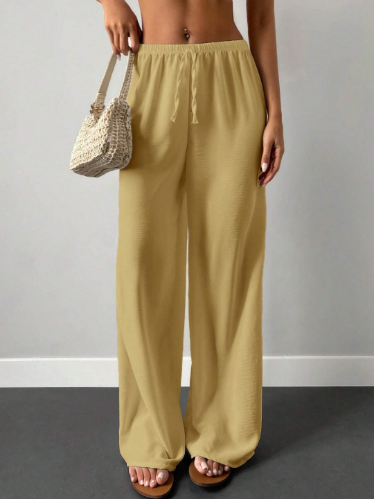 Cottnline Solid Drawstring Waist Wide Leg Pants