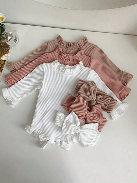 Spring Autumn Toddler Baby Girl Romper Cotton Ribbed Flared Sleeve Jumpsuit + Bow Headband Sweet Infant Outfits Set