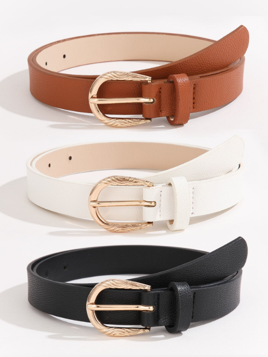3pcs Women's Metal Square Buckle Belt Set, Suitable For Daily Wear With Dresses, Jeans And Suit Trousers