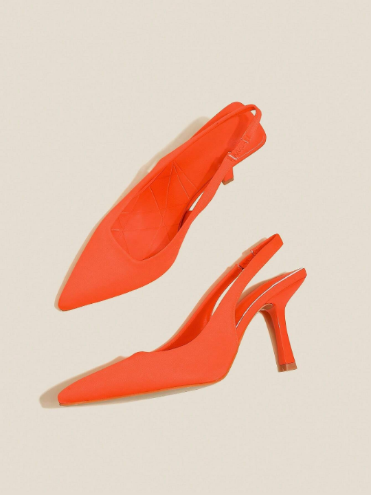 Women Slingbacks, Elastane Point Toe Stiletto Heeled Funky Pumps Neon Orange