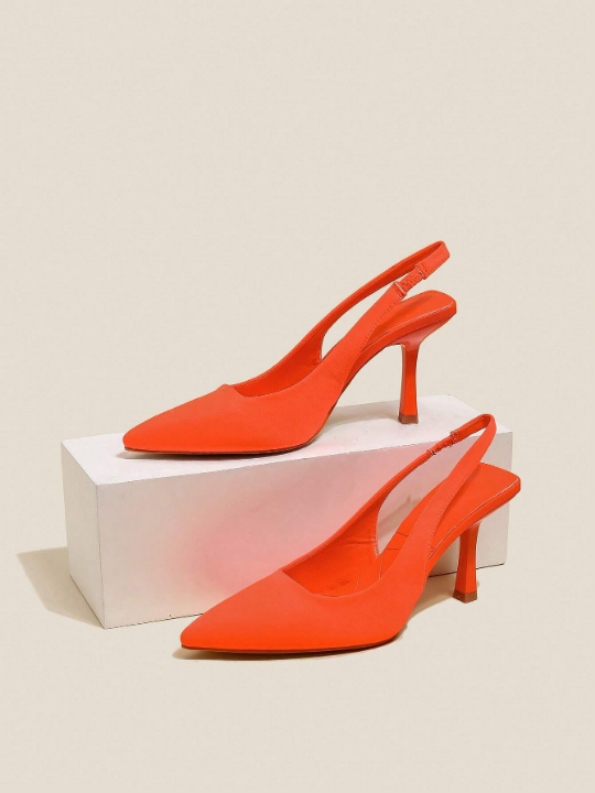 Women Slingbacks, Elastane Point Toe Stiletto Heeled Funky Pumps Neon Orange