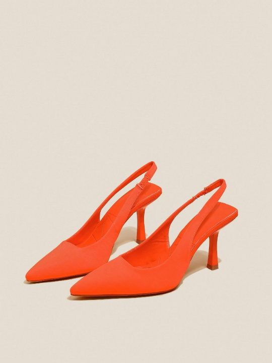 Women Slingbacks, Elastane Point Toe Stiletto Heeled Funky Pumps Neon Orange