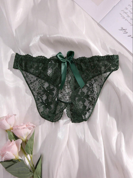 Floral Lace Bow Decor Crotchless Panty